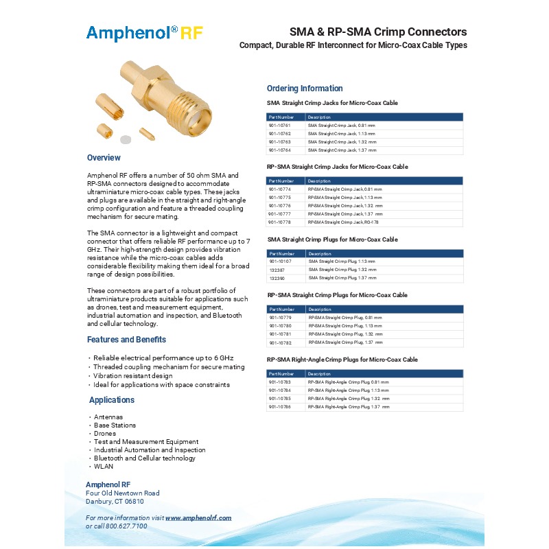 Amphenol RF's SMA and RP-SMA Straight Crimp Jacks provide reliable electrical performance up to 6 GHz, featuring a threaded coupling mechanism for secure mating and vibration resistance. These 50 ohm connectors are ideal for applications with space constraints, such as antennas, base stations, drones, and test and measurement equipment, and are available for various micro-coax cable types.