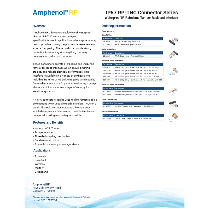Amphenol RF's IP67 RP-TNC connectors are waterproof, tamper-resistant, and feature a threaded coupling mechanism for secure and stable mating. Designed for applications in antennas, industrial, wireless, military, and broadband sectors, these 50 ohm connectors offer a variety of configurations, including front and rear-mounted bulkhead jacks, and operate up to 11 GHz.