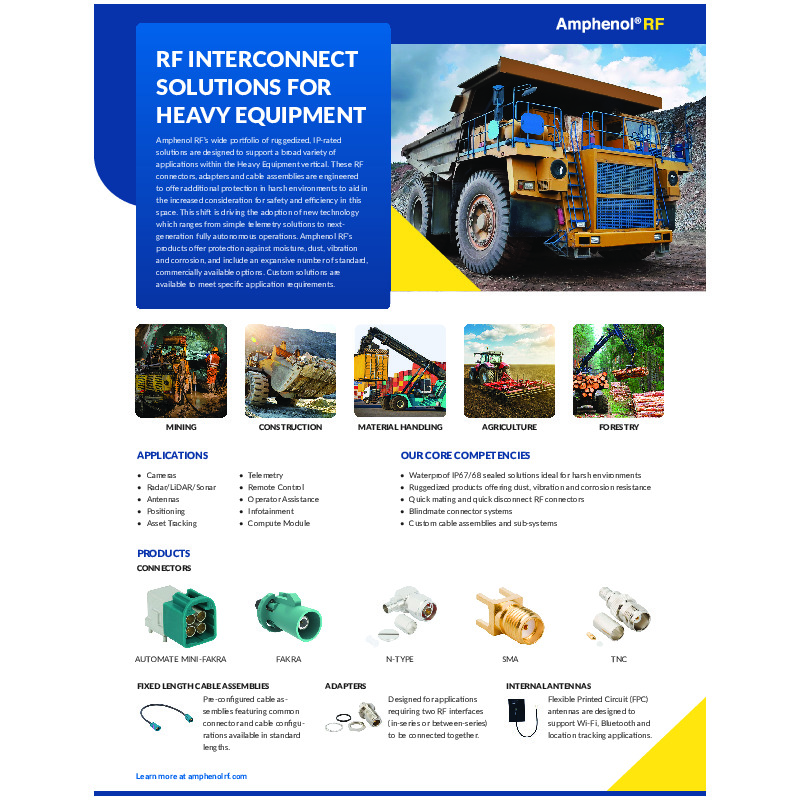 Amphenol RF's Harsh Environment Solutions provide a range of rugged, IP67/68 waterproof, and tamper-resistant connectors and cable assemblies designed for challenging conditions, ensuring system safety and performance. These products are suitable for applications such as smart agriculture, industrial machinery, outdoor security systems, and mining equipment, with specialized options available for various standard product series.