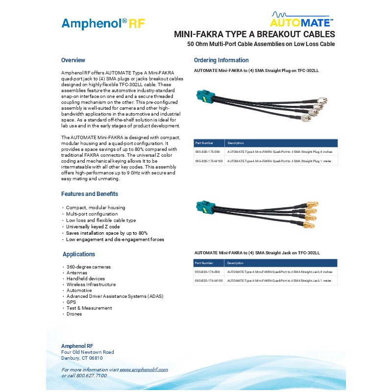 Amphenol RF's AUTOMATE Mini-FAKRA breakout cables feature a quad-port Mini-FAKRA jack to four SMA plugs or jacks, designed on flexible TFC-302LL cable. These assemblies provide up to 80% space savings compared to traditional FAKRA connectors and support high-performance up to 9 GHz. Ideal for automotive applications like 360-degree cameras and ADAS, as well as antennas, handheld devices, and drones, they offer secure, low-engagement force connections with a compact, modular design and universal Z color coding.