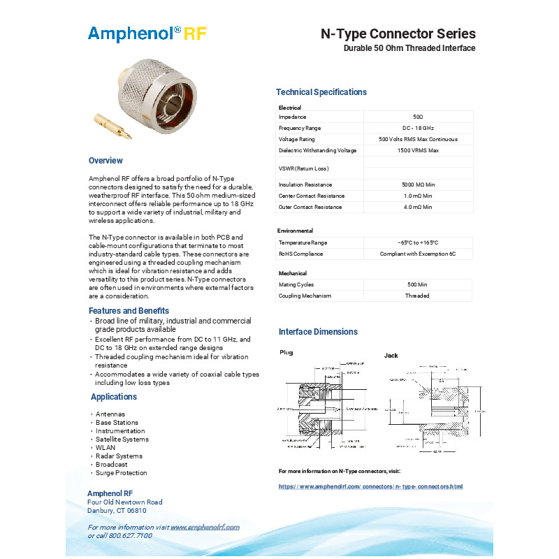 Amphenol RF's N-Type Connector Series features durable, weatherproof 50 ohm connectors that offer excellent RF performance from DC to 18 GHz. These connectors are ideal for applications requiring vibration resistance, such as antennas, base stations, radar systems, and WLAN, and are available in both PCB and cable-mount configurations to accommodate a wide variety of coaxial cables.