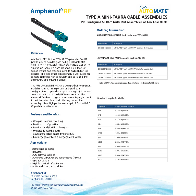 Amphenol RF's AUTOMATE Mini-FAKRA cable assemblies feature a compact, modular design that offers significant space savings (up to 80%) compared to traditional FAKRA connectors. These pre-configured 50 Ohm multi-port assemblies on low-loss TFC-302LL and RG-174 cables are ideal for high-bandwidth automotive and industrial applications, such as 360-degree cameras, ADAS, GPS navigation, and infotainment systems. They support high performance up to 9 GHz and 20 Gbps data transfer rates, with a universal Z color coding for intermateability and low engagement forces for easy installation.