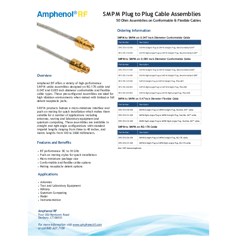 The Amphenol RF SMPM Plug to Plug Cable Assemblies datasheet highlights 50 ohm assemblies on conformable and flexible cables, suitable for frequencies from DC to 18 GHz. These micro-miniature, push-on connectors are ideal for high-vibration environments and applications such as antennas, test equipment, military, quantum computing, and radar​​.