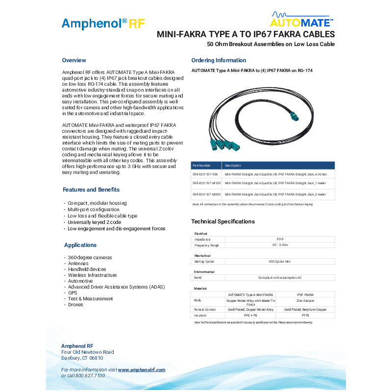 Amphenol RF's AUTOMATE Mini-FAKRA to IP67 FAKRA breakout cables feature a quad-port Mini-FAKRA jack to four IP67 FAKRA jacks on low-loss RG-174 cable. These assemblies, designed for high-bandwidth automotive and industrial applications such as 360-degree cameras and ADAS, offer secure snap-on interfaces with low engagement forces, providing high performance up to 3 GHz. They feature rugged, impact-resistant housing with universal Z color coding and mechanical keying for intermateability, ensuring easy and reliable installation.