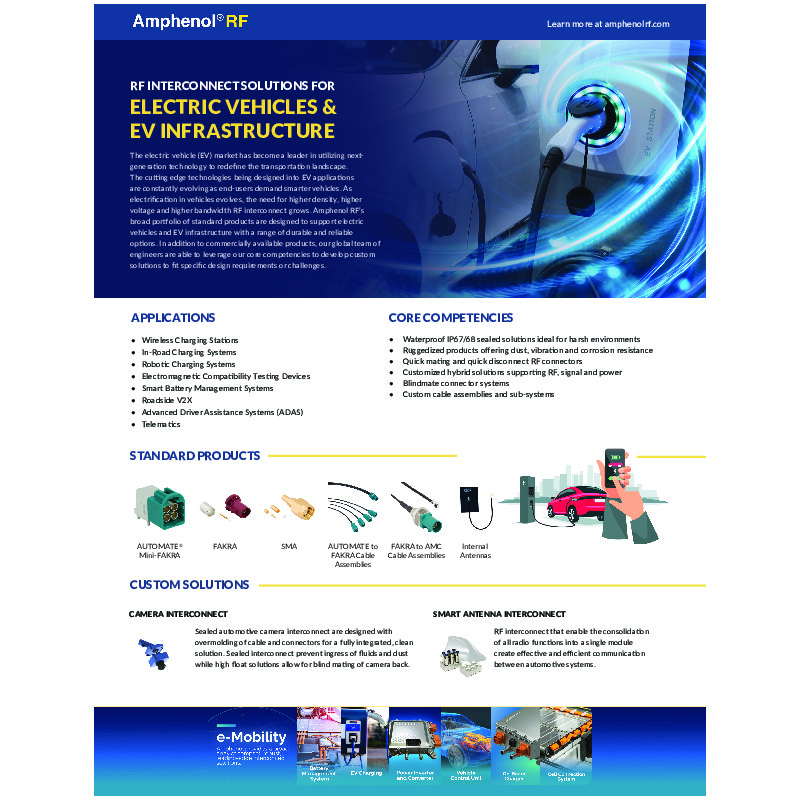 Amphenol RF offers a comprehensive range of RF interconnect solutions tailored for the electric vehicle (EV) market and EV infrastructure, designed to support the evolving demands for smarter, high-performance vehicles.