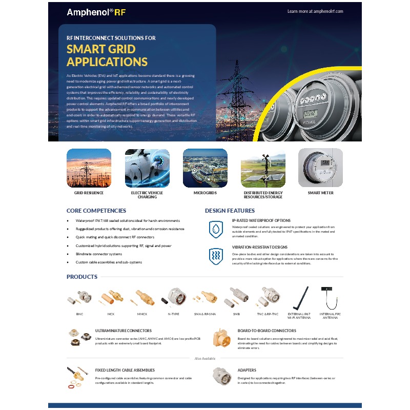 Amphenol RF's SMA to AMC Cable Assemblies feature reliable electrical performance up to 9 GHz, with threaded coupling for secure mating and vibration resistance. Available in IP67 and non-IP67 configurations, these 50 ohm assemblies are ideal for applications such as antennas, base stations, drones, and industrial automation, providing a compact and space-efficient solution with additional protection for harsh environments.