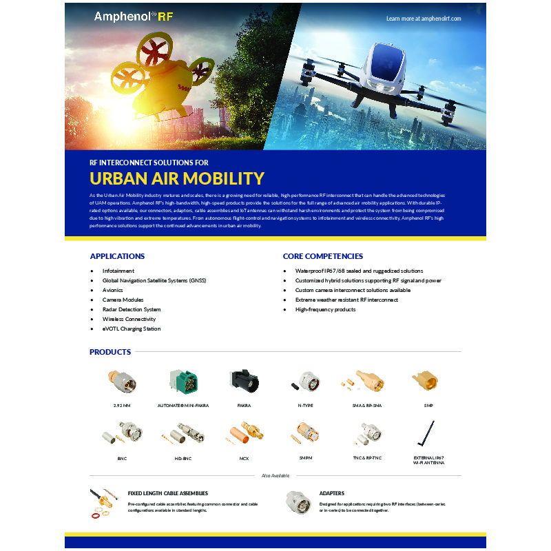 The Amphenol RF Urban Air Mobility Solutions Overview highlights high-performance, IP67/68 sealed RF interconnect solutions designed for harsh environments, supporting applications such as avionics, GNSS, radar detection, and wireless connectivity. These solutions include ruggedized connectors, cable assemblies, and IoT antennas, catering to the advanced technologies required in urban air mobility​​.