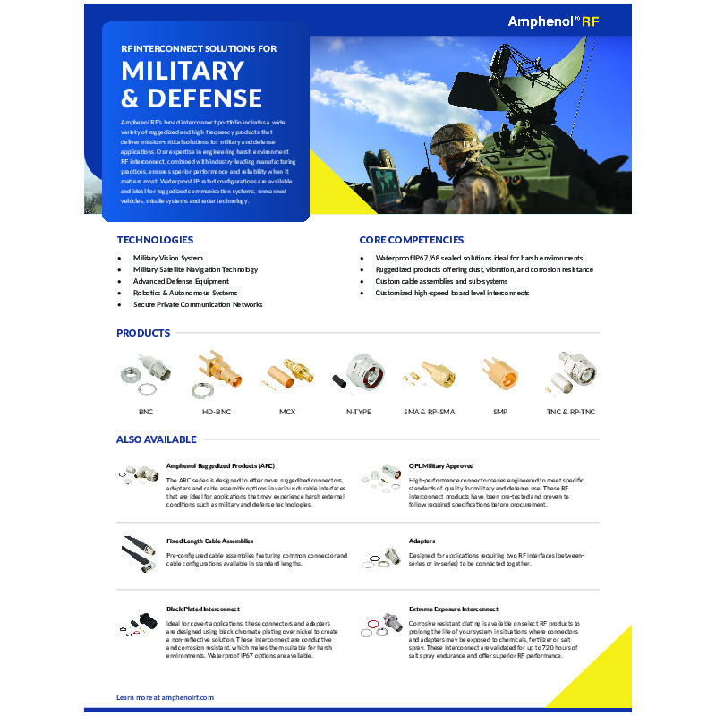 Amphenol RF's Military & Defense Solutions include ruggedized connectors, adapters, and cable assemblies designed for harsh environments, featuring black chromate plating for covert applications and corrosion-resistant plating for extreme exposure. These solutions, including waterproof IP67 options, are ideal for military vision systems, satellite navigation, advanced defense equipment, robotics, and secure communication networks, ensuring superior performance and reliability.