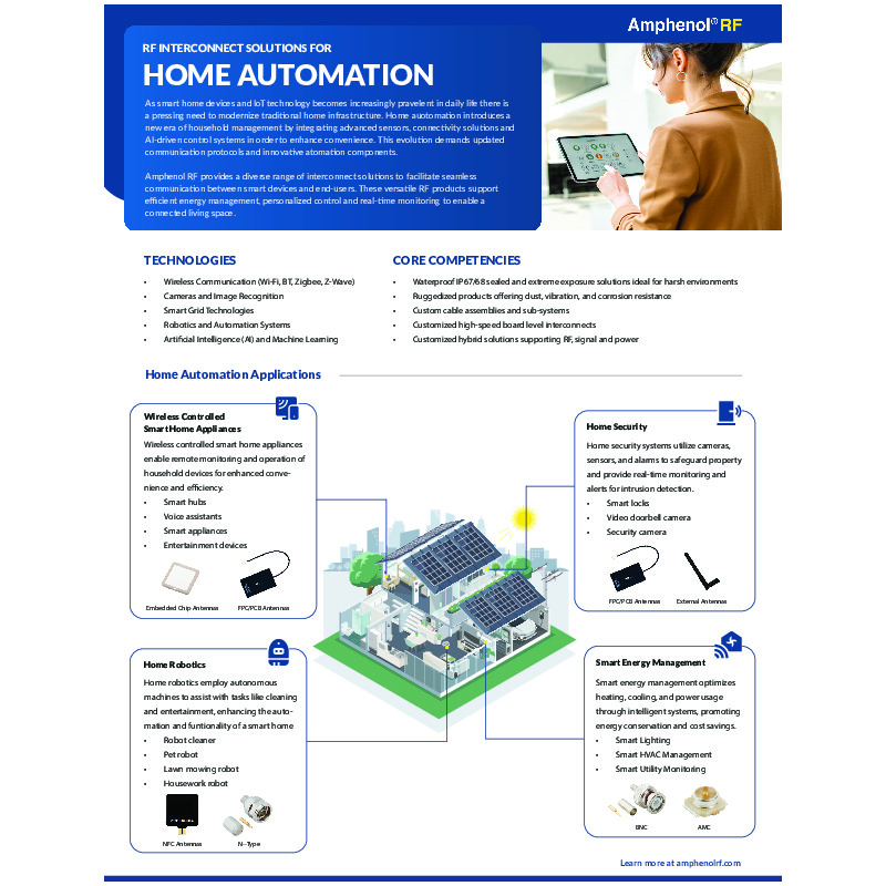 The Amphenol RF Home Automation Solutions Overview highlights RF interconnect solutions designed for smart home applications. It showcases high-performance connectors and cable assemblies that enable reliable wireless connectivity for home security, smart lighting, and automation systems.