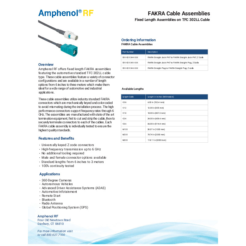 The Amphenol RF FAKRA Cable Assemblies Overview highlights high-performance TFC-302LL cable assemblies designed for automotive and industrial applications. It details their low-loss characteristics, secure FAKRA connectors, and suitability for high-frequency signal transmission in demanding environments.