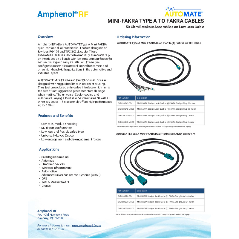 Amphenol RF's AUTOMATE Type A Mini-FAKRA to FAKRA breakout cables feature compact, modular housings with multi-port configurations, utilizing low-loss, flexible cables. These assemblies are ideal for high-bandwidth automotive and industrial applications, including 360-degree cameras, advanced driver assistance systems (ADAS), and GPS, providing reliable performance up to 6 GHz.