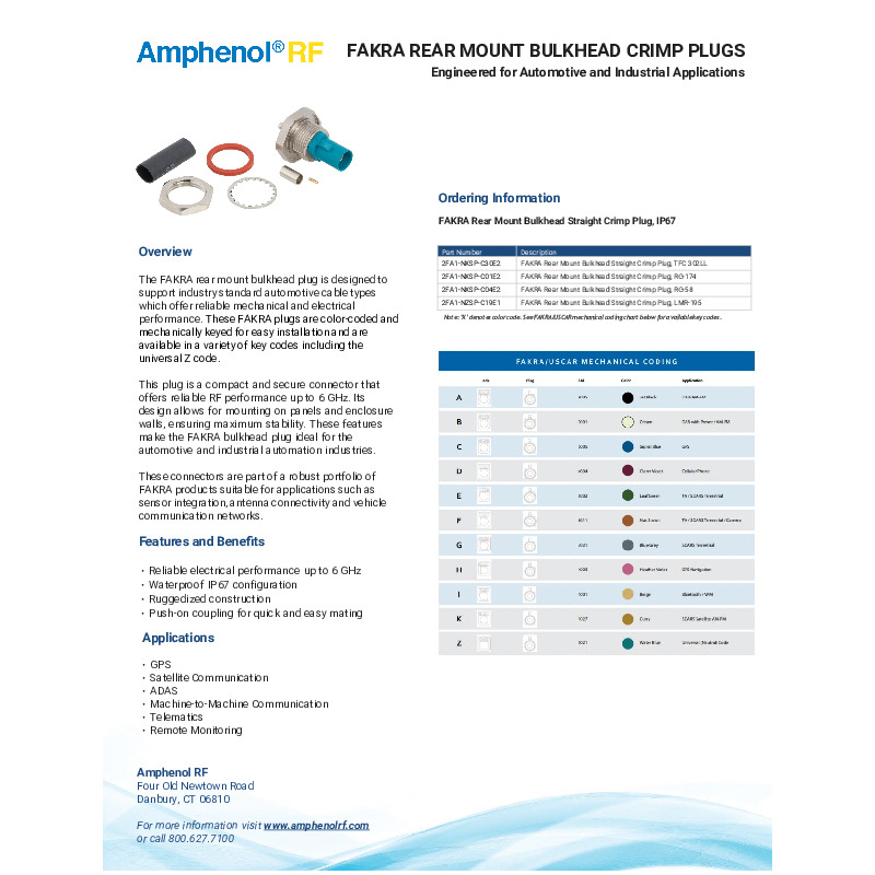 Amphenol RF's FAKRA rear mount bulkhead crimp plugs are engineered for automotive and industrial applications, supporting TFC 302LL and RG-174 cables. These connectors provide reliable electrical performance up to 6 GHz, feature IP67-rated waterproofing, and are available in various color-coded key codes for easy installation.