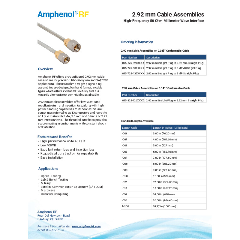 Amphenol RF New 2.92 mm Cable Assemblies datasheet with features, benefits,  applications, and ordering information.