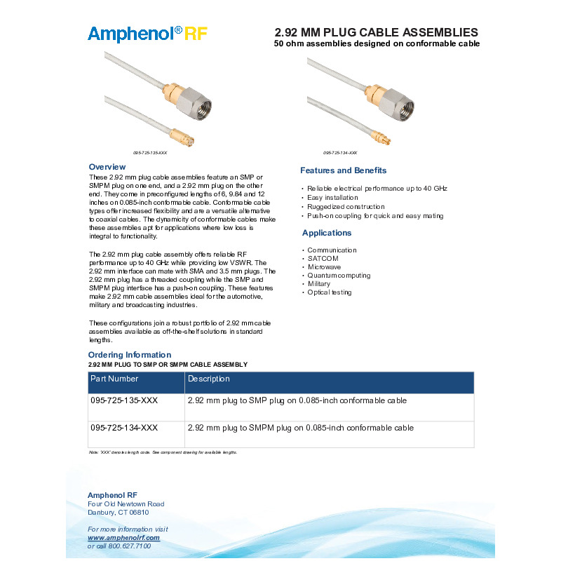 Amphenol RF New 2.92 mm Cable Assemblies datasheet with features, benefits,  applications, and ordering information.