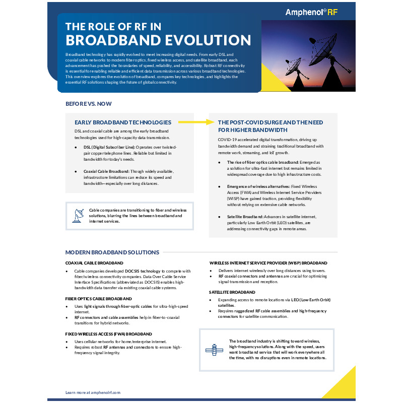 The Broadband Solutions Overview presents a comprehensive look at the evolution of broadband technology, highlighting how advanced RF connectivity solutions are driving the future of high-speed internet access. From legacy DSL and coaxial systems to cutting-edge fiber optics, fixed wireless access (FWA), and satellite broadband, this document outlines the challenges and breakthroughs shaping modern digital infrastructure. It emphasizes Amphenol RF’s pivotal role in delivering robust, high-frequency, and custom RF components essential for seamless connectivity across diverse broadband platforms. Designed for engineers, integrators, and decision-makers, this overview is a definitive guide to the technologies and RF innovations enabling the next generation of global broadband connectivity.