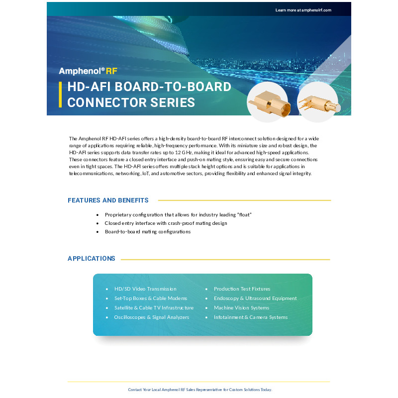 The Amphenol HD-AFI series is a compact, high-density RF board-to-board interconnect solution designed for demanding applications requiring reliable, high-frequency signal transmission up to 12 GHz. With a robust push-on, closed-entry design, multiple stack height options, and industry-leading float tolerance, it’s ideal for telecommunications, networking, IoT, automotive, and test equipment. The series ensures strong signal integrity in tight spaces and offers high durability with up to 200 mating cycles.