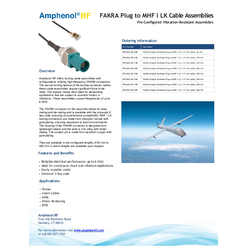 Amphenol RF’s Locking FAKRA to MHF I LK cable assemblies deliver robust, high-frequency performance with a secure locking mechanism, engineered specifically for environments exposed to continuous vibration and motion. Supporting frequencies up to 6 GHz, these assemblies ensure stable and reliable electrical connections, making them ideal for cutting-edge applications in drones, smart cabins, ADAS, driver monitoring, and RFID systems.