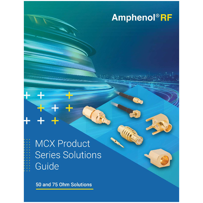 The Amphenol RF MCX series catalog showcases a family of micro-coaxial (MCX) connectors offering broadband performance from DC to 6 GHz (and up to 12 GHz in 75 Ω broadcast variants) with 50 Ω or 75 Ω impedance options, featuring a compact snap-on coupling mechanism for weight- and space-constrained applications.