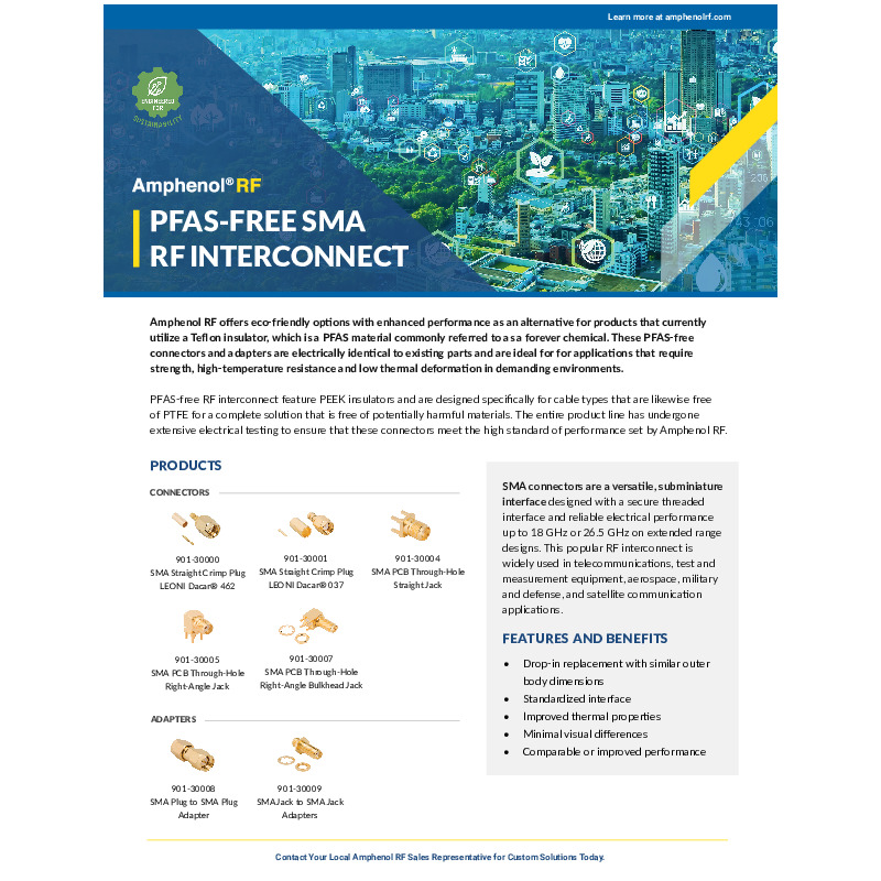 Amphenol RF’s PFAS-free SMA connectors and adapters, engineered with eco-friendly PEEK insulators as drop-in replacements for traditional PTFE-based designs. This product line delivers comparable or improved performance, enhanced thermal stability, and full compatibility with existing SMA solutions, offering a sustainable RF interconnect option for demanding applications.