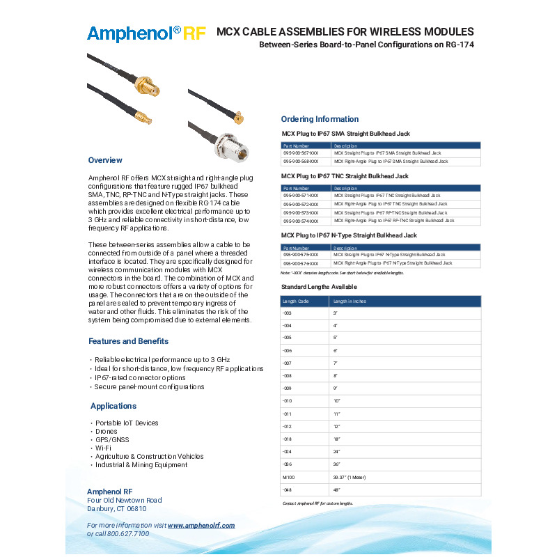 The Amphenol RF MCX Cable Assemblies Data Sheet highlights between-series board-to-panel cable solutions designed for wireless communication modules. These assemblies combine compact MCX interfaces with rugged, sealed bulkhead connectors to enable reliable RF connectivity in space-constrained and environmentally exposed applications.