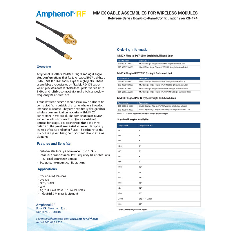 The Amphenol RF MMCX cable assemblies datasheet outlines pre-configured 50-ohm RF cable solutions using flexible RG-174 coax for reliable connections in wireless communication modules. It highlights available connector configurations, electrical performance characteristics, and suitability for applications such as IoT, GPS, Wi-Fi, and other compact RF systems.