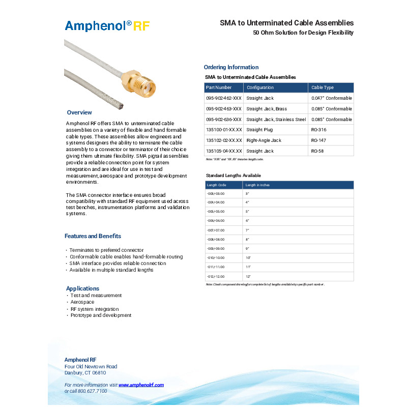 Amphenol RF’s SMA to unterminated cable assemblies provide a highly flexible 50-ohm solution designed to support efficient RF system integration and custom termination requirements. Built on a range of flexible and conformable cable types, these assemblies enable engineers to hand-form routing paths and terminate to the connector or interface of their choice, delivering maximum design versatility. The SMA interface ensures a secure, reliable connection with broad compatibility across standard RF equipment, making these assemblies well-suited for demanding applications such as test and measurement, aerospace and prototype development. With multiple standard lengths available and robust construction supporting performance up to 18 GHz, these SMA pigtail assemblies offer a dependable and adaptable solution for high-frequency design environments.