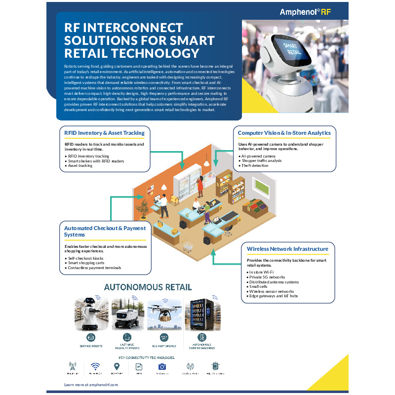 This overview highlights Amphenol RF interconnect solutions for smart retail technologies, including RFID tracking, automated checkout, computer vision and wireless network infrastructure. It showcases reliable, high-performance connectivity options designed to support compact, connected systems across the evolving retail environment.