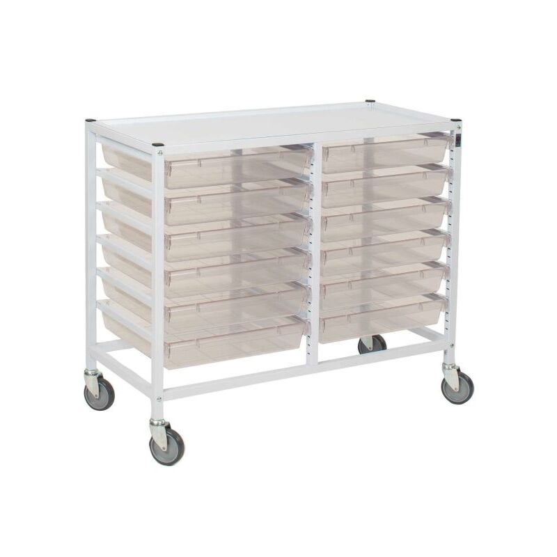 Classic Low Double White Trolley 12 Shallow Antimicrobial Translucent Trays (Assembled)