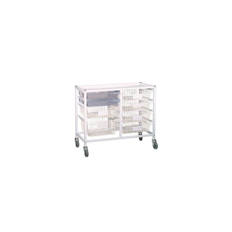 Classic Low Double White Trolley 5 Shallow 2 Deep Baskets 2 Shallow Antimicrobial Translucent Trays (Assembled)