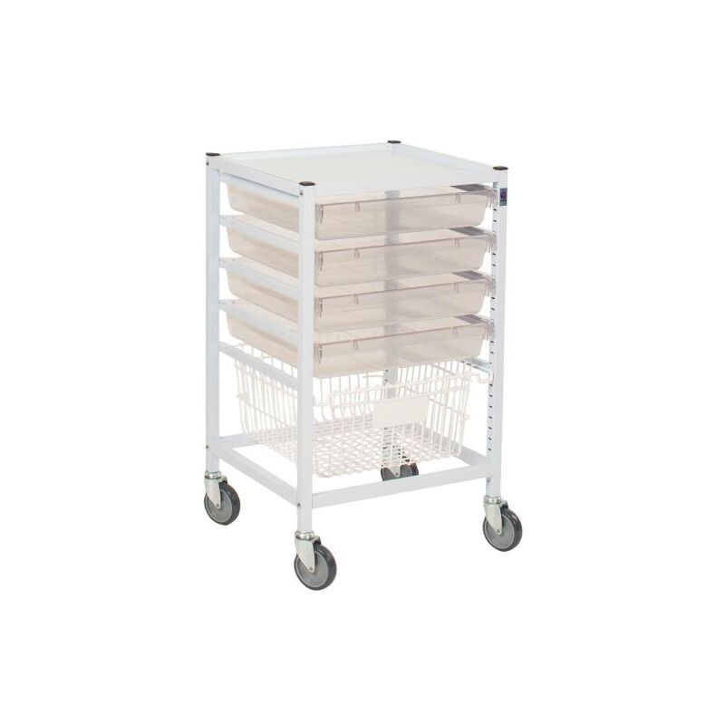 Classic Low Single Fixed Runner White Trolley 1 Deep Basket 4 Shallow Antimicrobial Translucent Trays (Assembled)