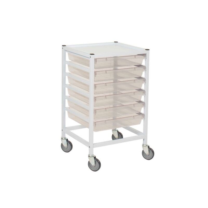 Classic Low Single Fixed Runner White Trolley 6 Shallow Antimicrobial Translucent Trays (Assembled)