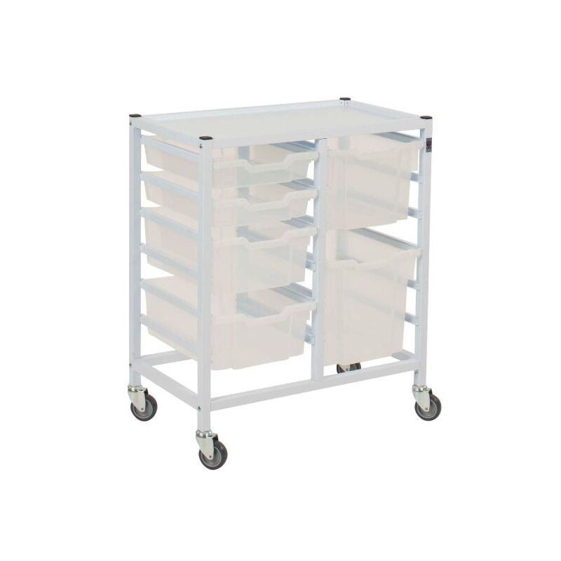 Medical Compact Low Double Fixed Runner Trolley 2 Shallow 2 Deep 1 Extra Deep 1 Jumbo Antimicrobial Trays (Assembled)