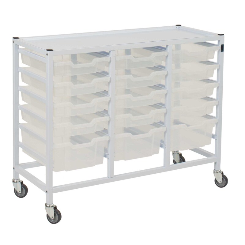 Medical Compact Low Treble Fixed Runner Trolley 12 Shallow 3 Deep Antimicrobial Trays (Assembled)