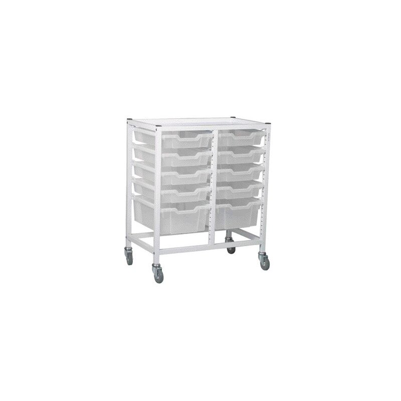 Medical Compact Low Double Fixed Runner Trolley 8 Shallow 2 Deep Antimicrobial Trays (Assembled)