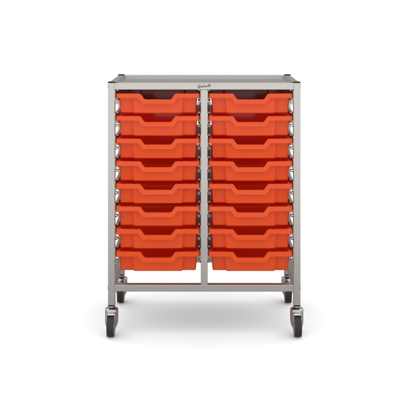 Dynamis Lab & Healthcare Mid Double Silver Cart 16 Shallow Tropical Orange Trays