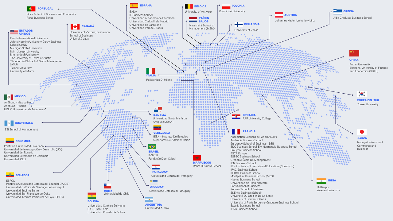 Mapa de los convenios de Centrum PUCP Business School con escuelas internacionales.