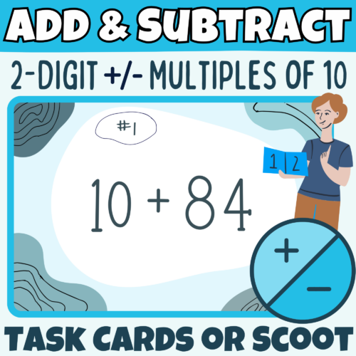 Adding and Subtracting Base Ten/Place Value Two-Digit Numbers Task Cards or Scoot K-5 Teachers Students Math Classroom's featured image