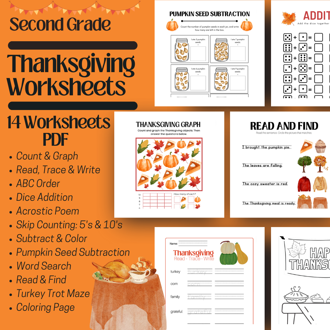 second-grade-thanksgiving-worksheets-workbook-printable-activity-homeschool-holiday-seasonal-math-reading-language-arts-counting-puzzles-classful
