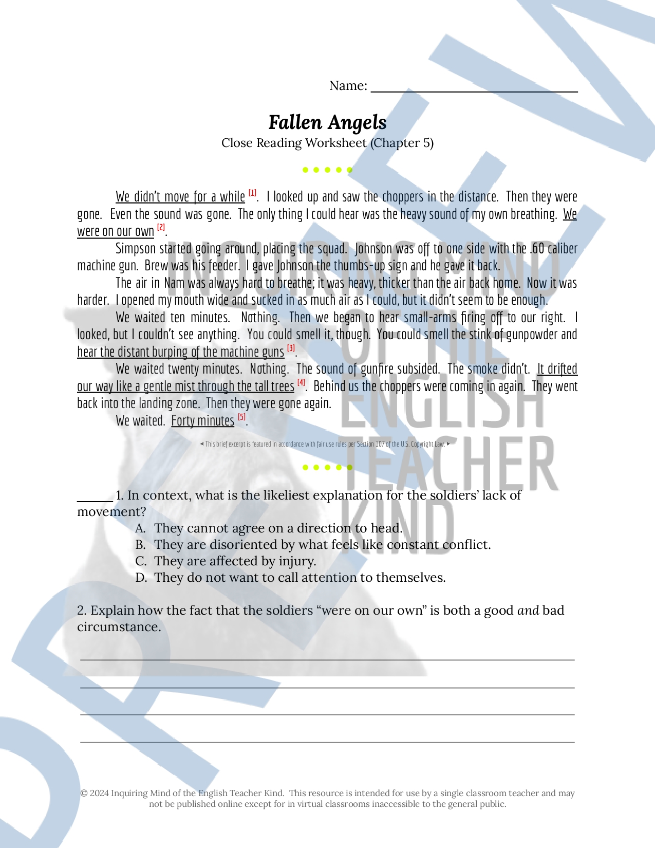Fallen Angels Quiz and Close Reading Worksheet Bundle (Chapters 5 