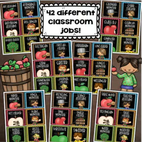 Classroom Jobs Helpers Chart Labels Signs Apple Theme EDITABLE - Classful