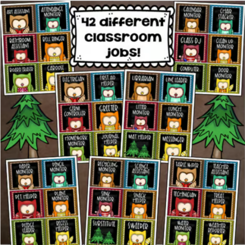 Classroom Jobs Helpers Chart Labels Signs Owl Forest Theme EDITABLE ...