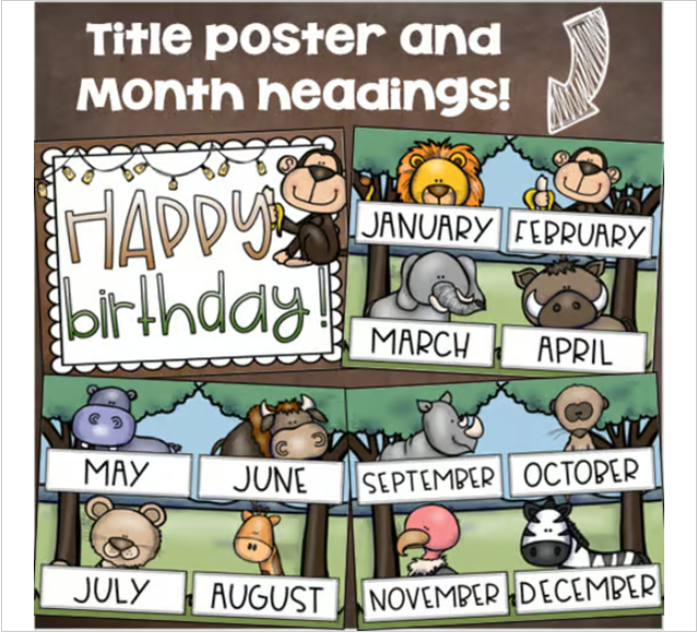 Happy Birthday Bulletin Board Display Posters Jungle Safari Theme ...