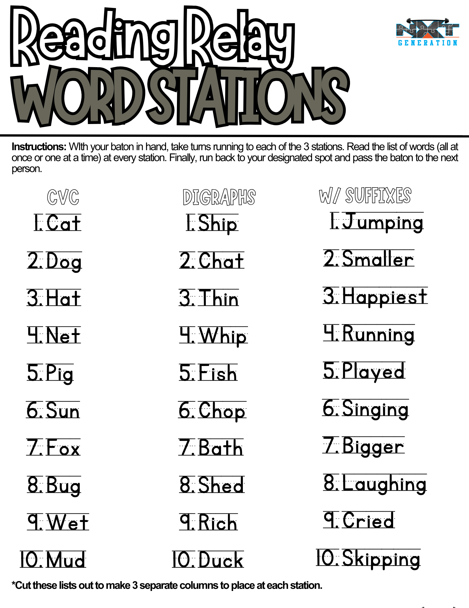 Reading Relays with Word and Sentence Stations, CVC, Digraph Suffixes