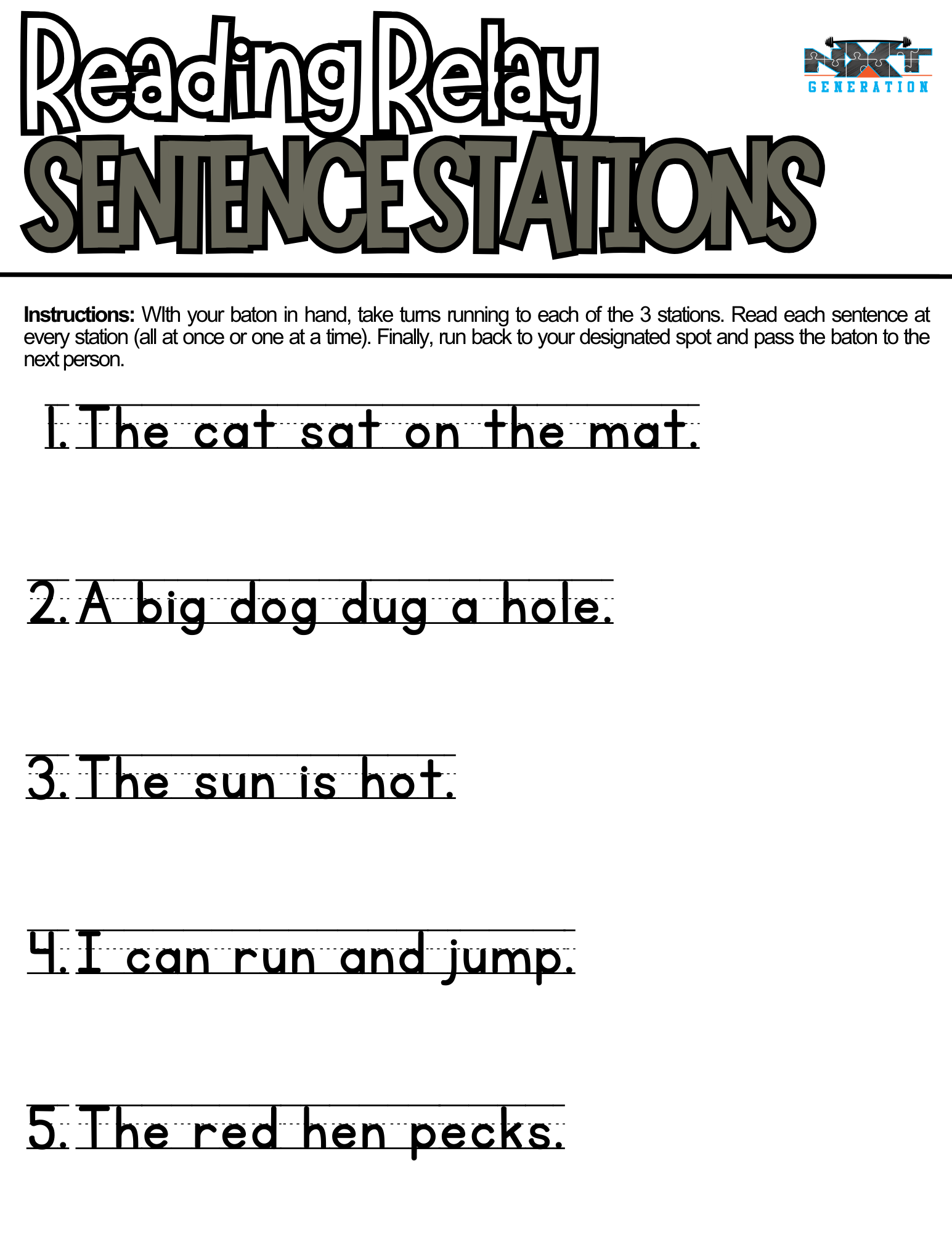Reading Relays with Word and Sentence Stations, CVC, Digraph Suffixes