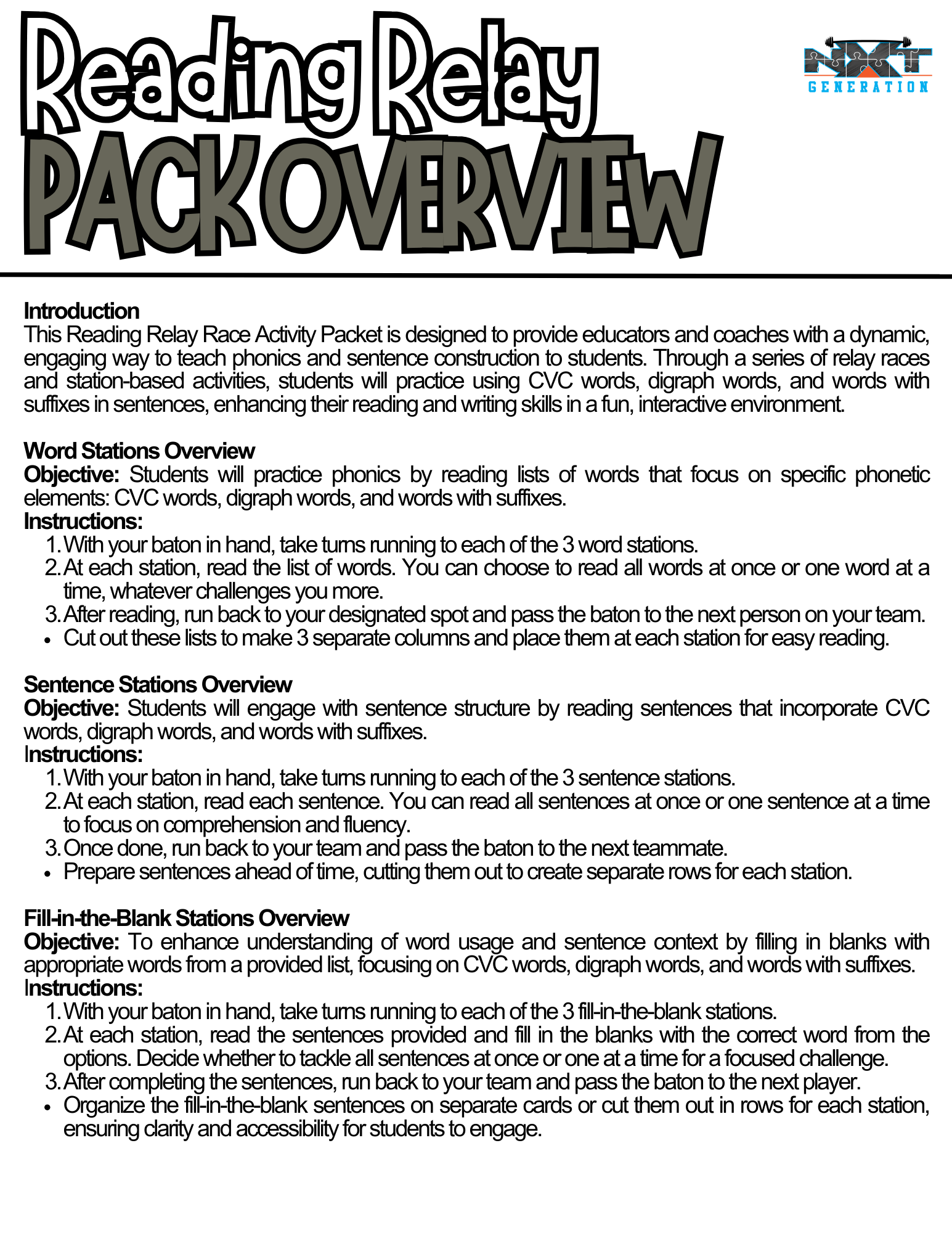 Reading Relays with Word and Sentence Stations, CVC, Digraph Suffixes