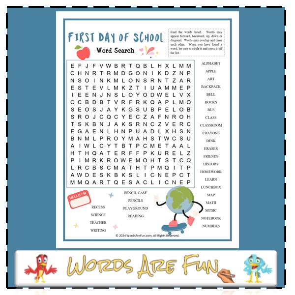 FIRST DAY OF SCHOOL Word Search Puzzle Handout Fun Activity - Classful