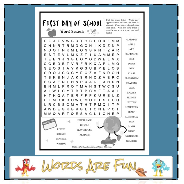FIRST DAY OF SCHOOL Word Search Puzzle Handout Fun Activity - Classful