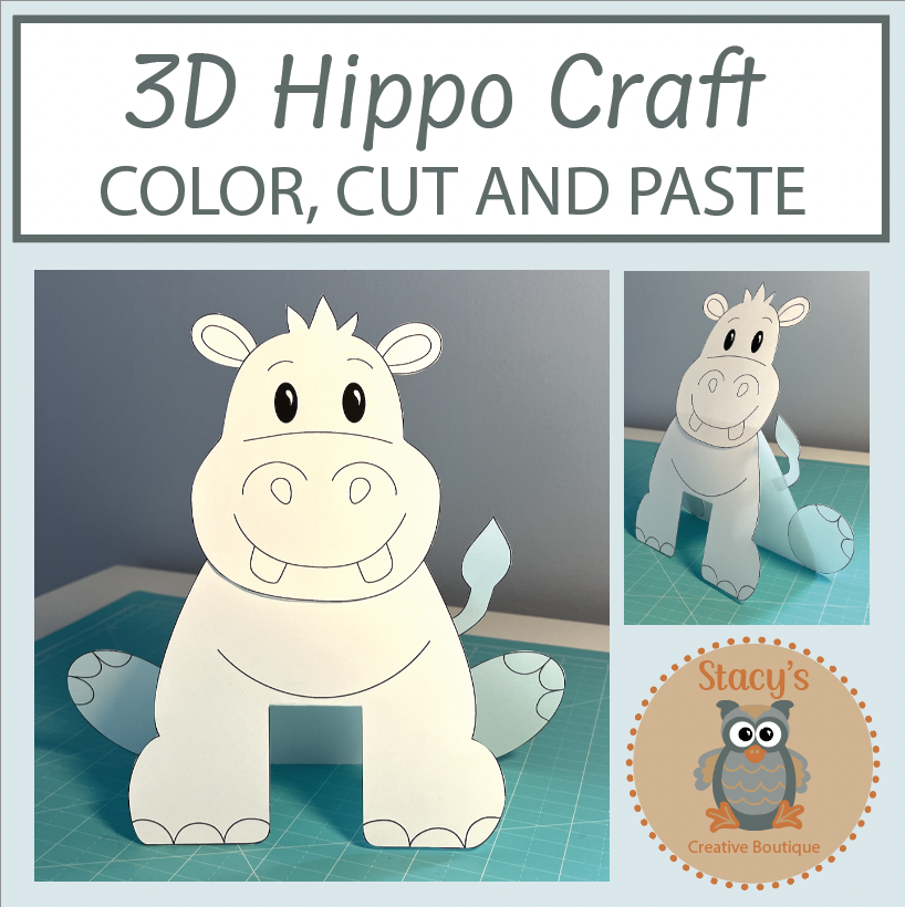 3D Hippo Art Project - Color, Cut and Paste Activity - Classful