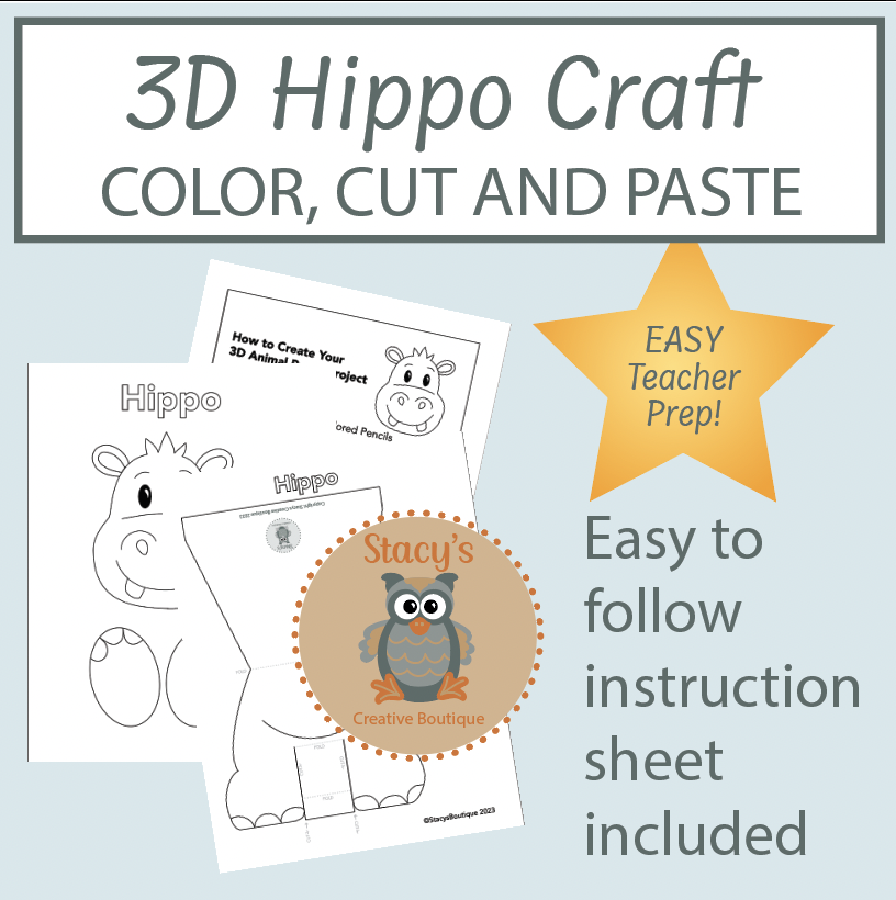 3D Hippo Art Project - Color, Cut and Paste Activity - Classful