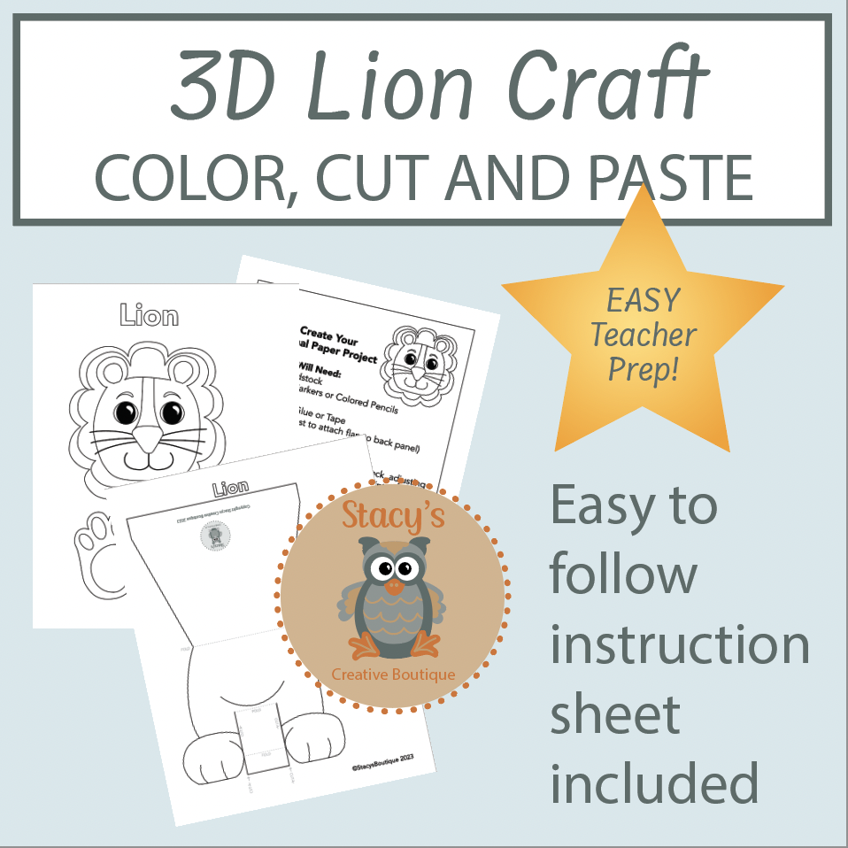 3D Lion Art Activity - Color, Cut and Paste Craft Project - Classful